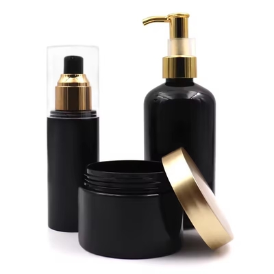 Kunststoff-Kosmetikflaschen Lotion Pump Flasche mit Golddeckel Runde Schulterflasche